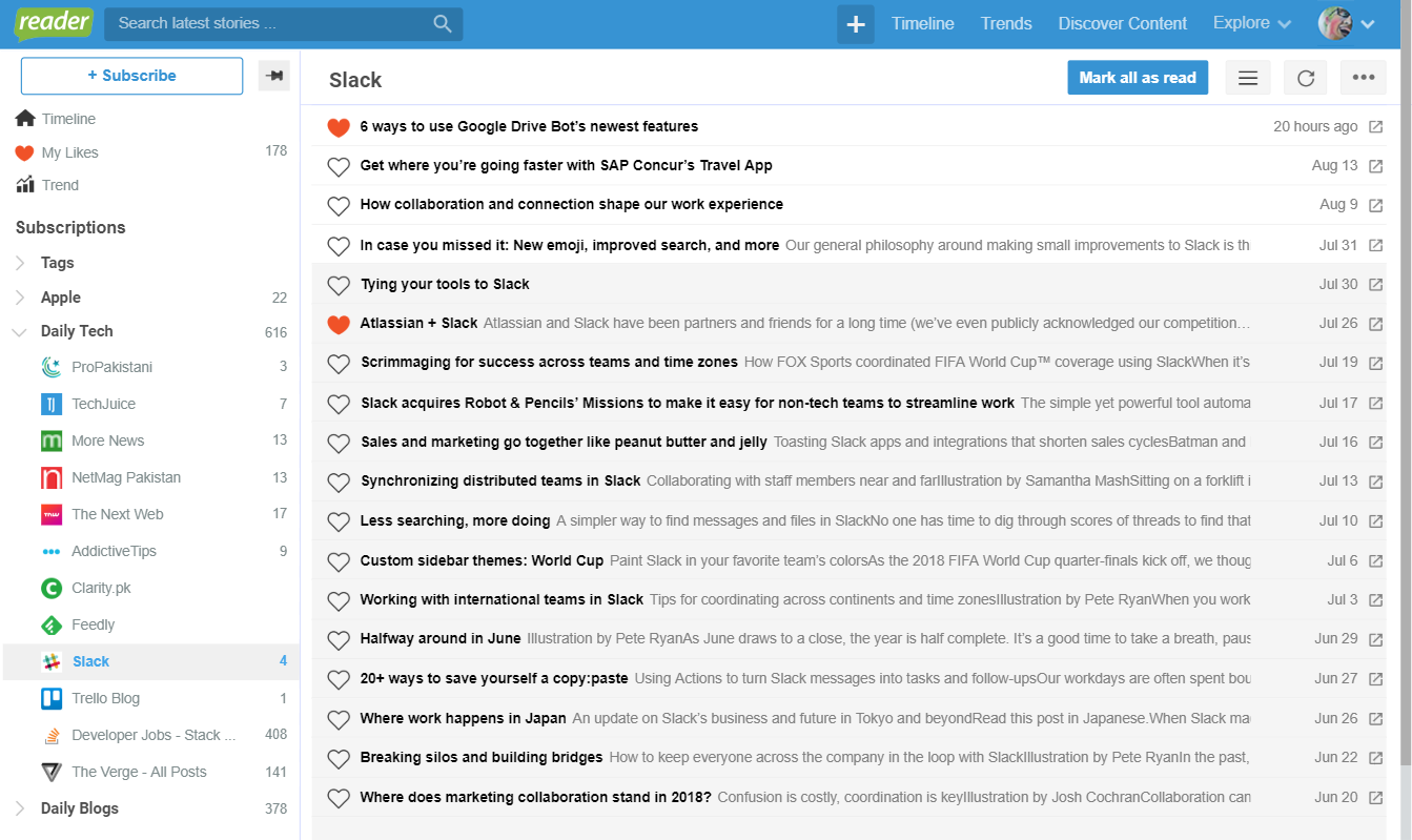 All your subscriptions in left panel, organized in folders, for quick and easy access